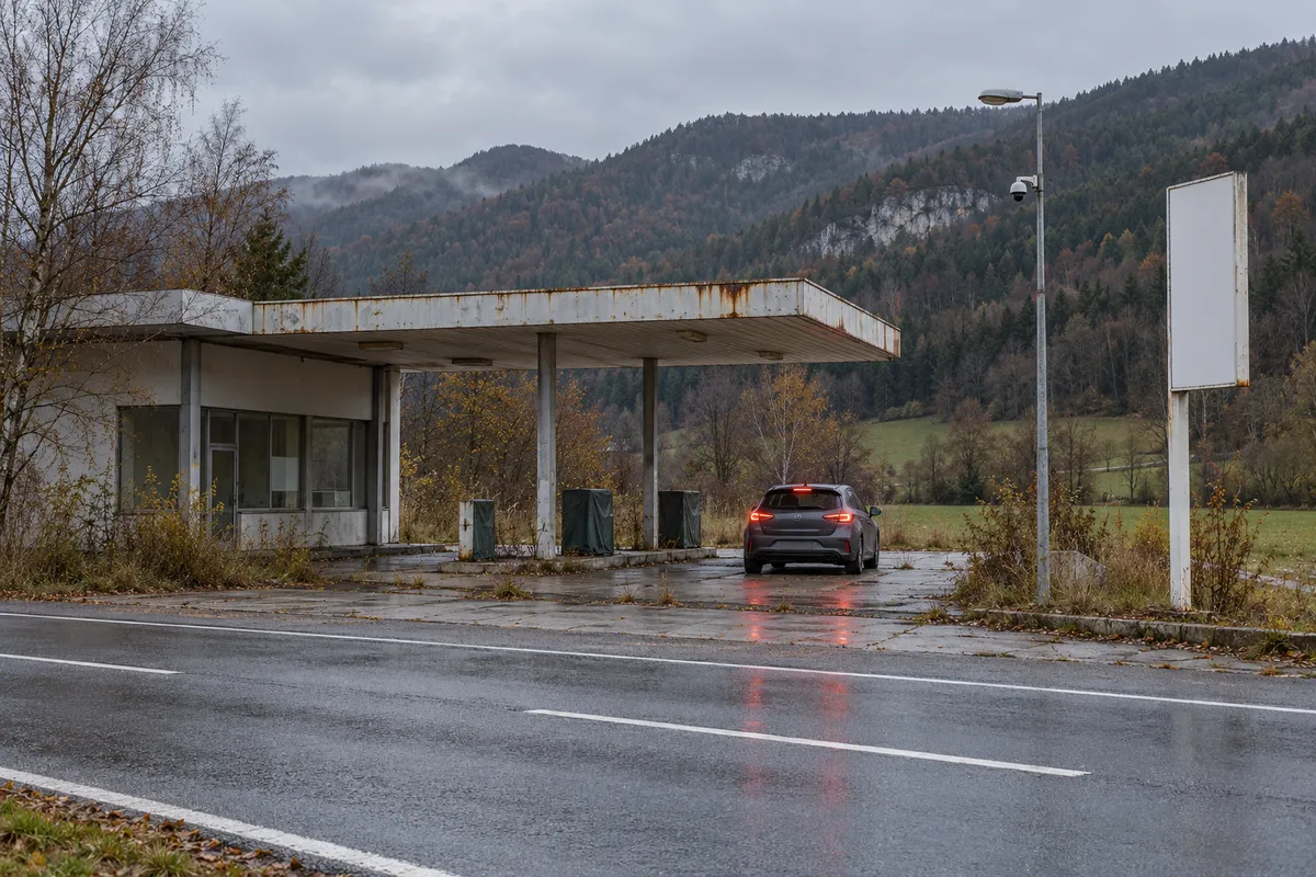 Stillgelegte Tankstelle mit rostigem Dach an einer nassen Landstraße, auf dem Vorplatz ein dunkelgrauer Kleinwagen mit leuchtenden Bremslichtern, an einem Mast eine Überwachungskamera, dahinter bewaldete Hügel.