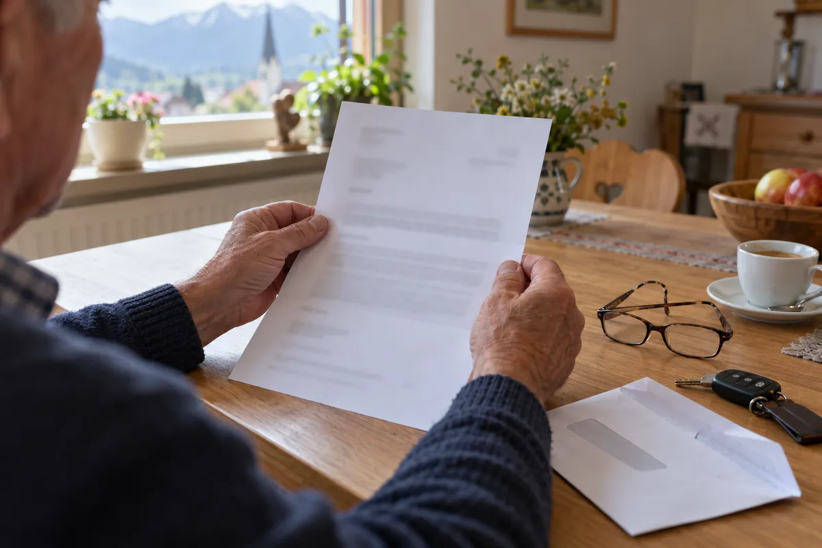 Ältere Hände halten am Holztisch einen geöffneten Brief, daneben Kuvert, Lesebrille, Autoschlüssel und eine Tasse Kaffee.