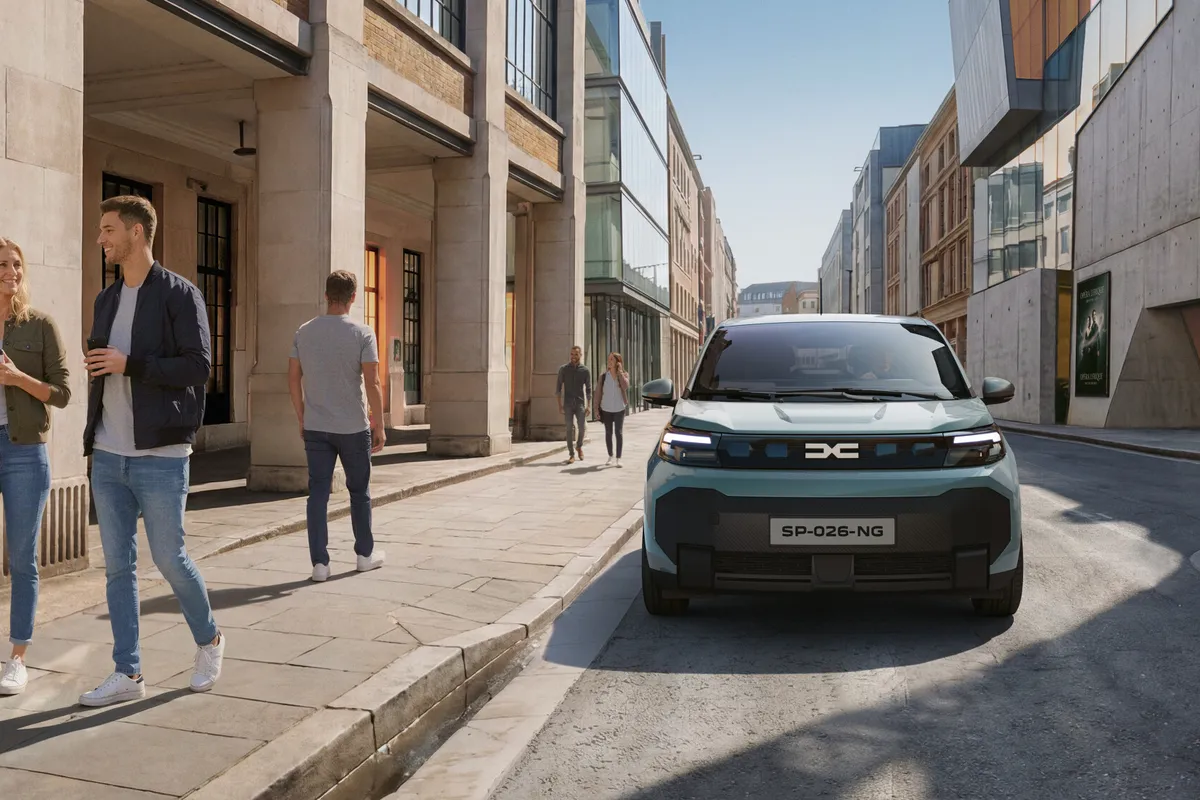 Hellblauer Dacia Spring fast frontal in einer sonnigen Stadtstraße mit Passanten und modernen Gebäuden.