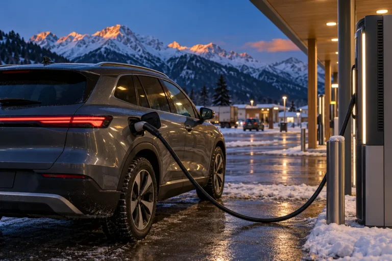 Dunkelgraues Elektro-SUV lädt in der Abenddämmerung an einer Schnellladesäule einer verschneiten Autobahnraststation, dahinter schneebedeckte Berggipfel.