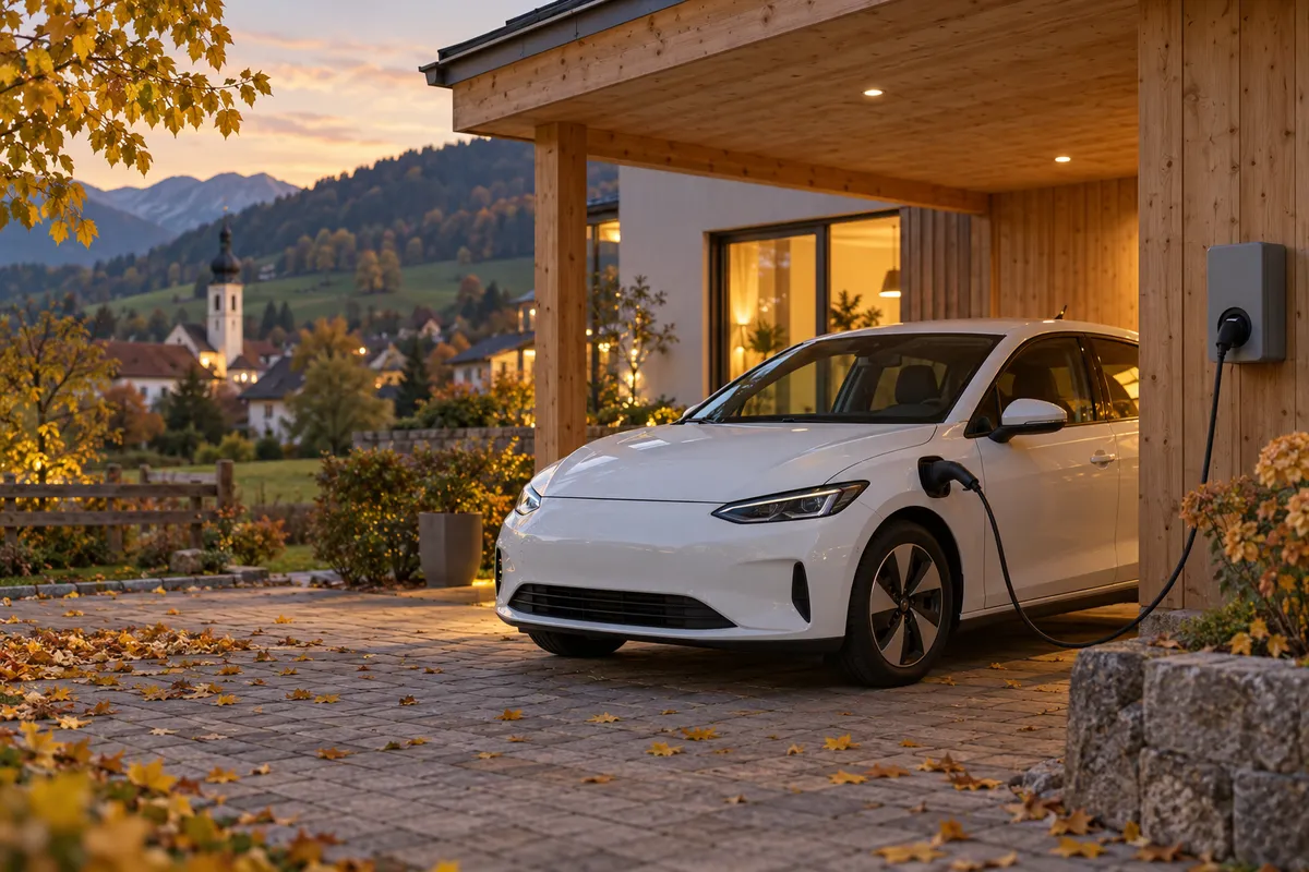 Weißer Kleinwagen mit Elektroantrieb im Carport eines Einfamilienhauses, über ein Kabel an einer grauen Wallbox angeschlossen, Herbstabend.