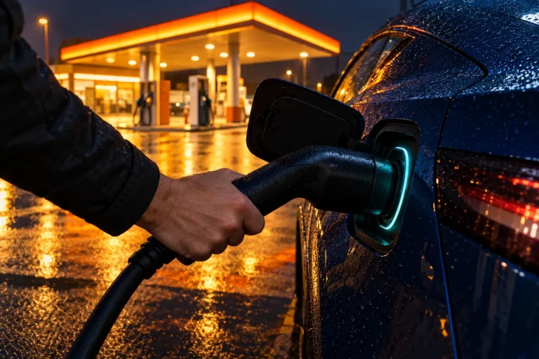 Nahaufnahme bei Nacht und Regen: Eine Hand steckt einen schwarzen Ladestecker in die beleuchtete Ladebuchse eines dunkelblauen Autos, im unscharfen Hintergrund das orange beleuchtete Dach einer Tankstelle mit Zapfsäulen.