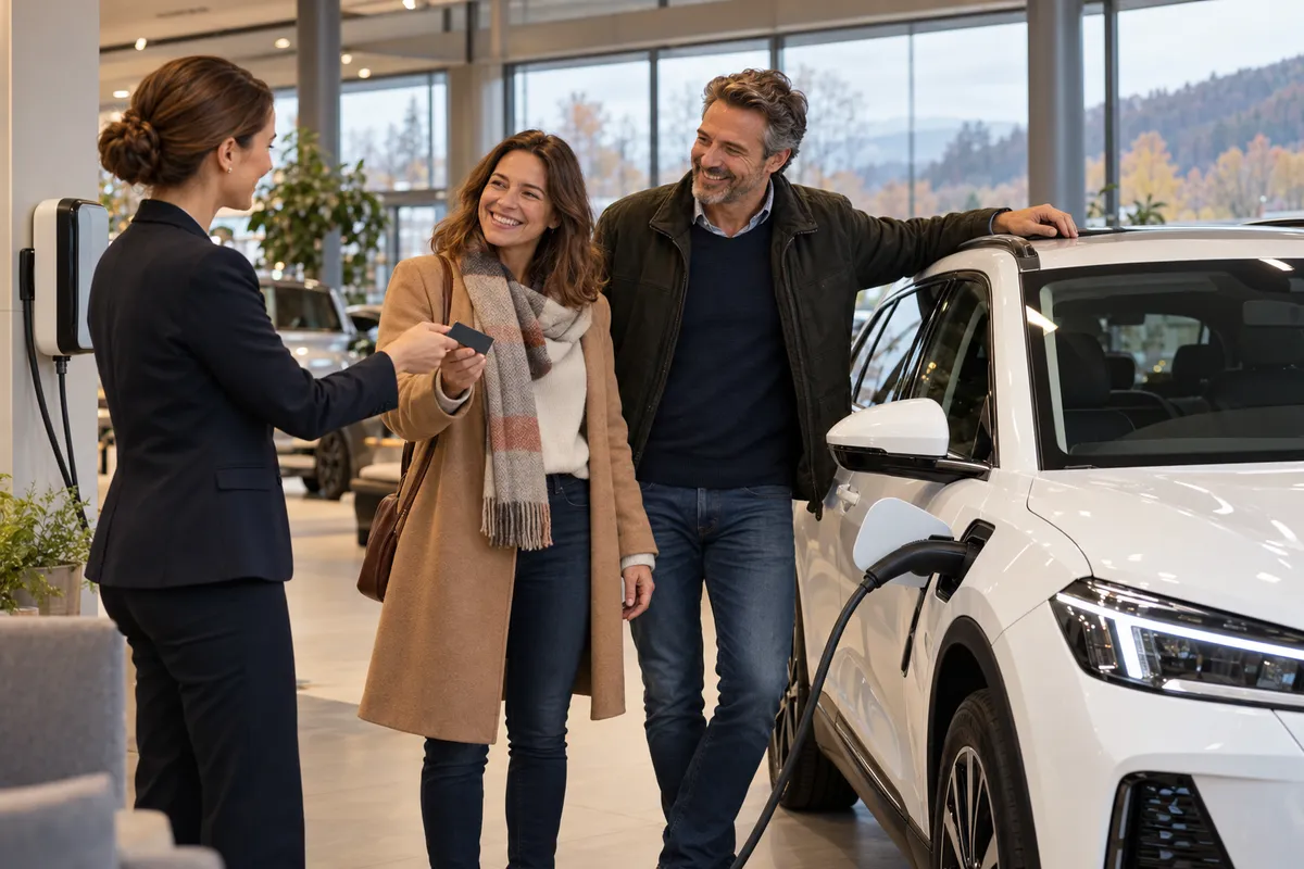 In einem hellen Autohaus überreicht eine Verkäuferin einem lächelnden Paar eine Schlüsselkarte, der Mann legt die Hand auf das Dach eines weißen Elektro-SUV, an dem ein Ladekabel angeschlossen ist; durch die Fenster herbstliche Hügel.