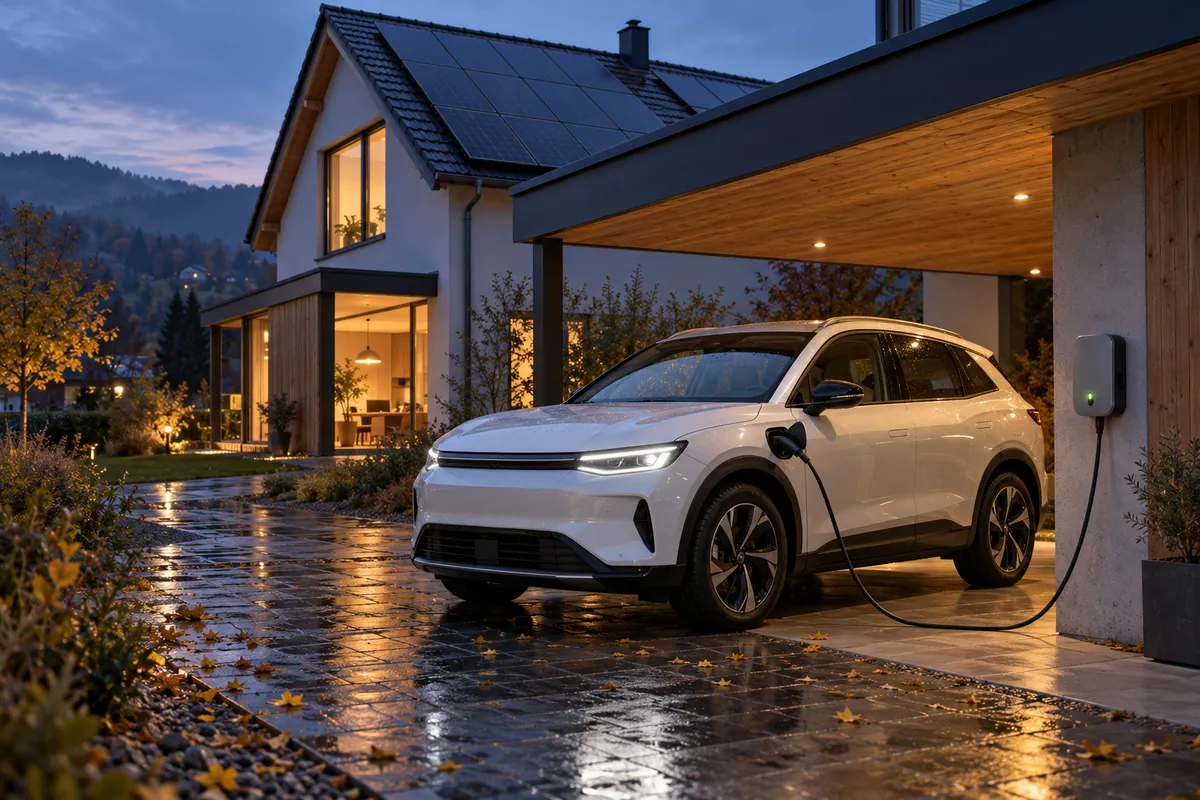 Weißes Elektro-SUV im Carport eines modernen Einfamilienhauses zur blauen Stunde, über ein schwarzes Kabel an einer grauen Wallbox angeschlossen, auf dem Dach Solarmodule, warm beleuchtete Fenster.