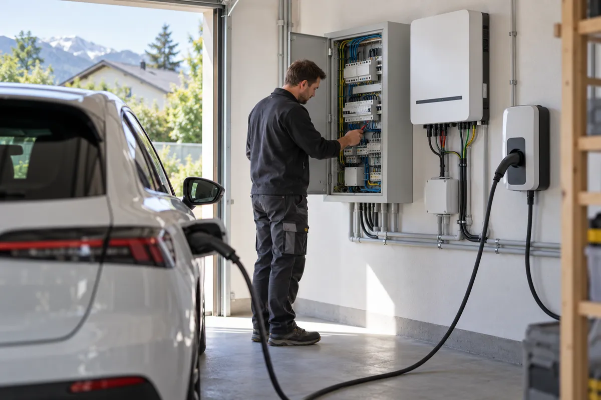 Elektriker in dunkler Arbeitskleidung an einem offenen Verteilerkasten in einer hellen Garage, daneben an der Wand ein weißer Wechselrichter und eine Wallbox, im Vordergrund ein angestecktes weißes Elektroauto.