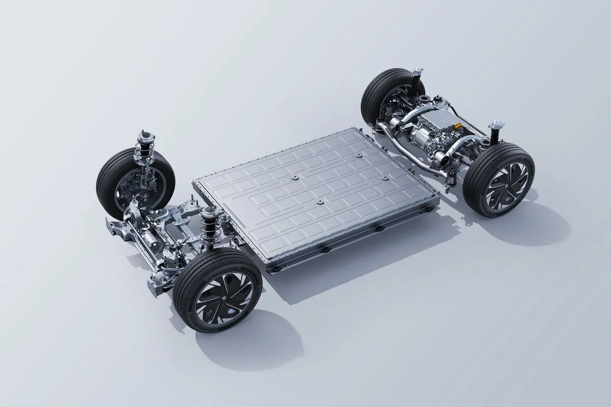 Grafik der Plattform des MG4 Electric ohne Karosserie: flacher Akku im Wagenboden zwischen den vier Rädern, dazu Achsen und Antrieb.