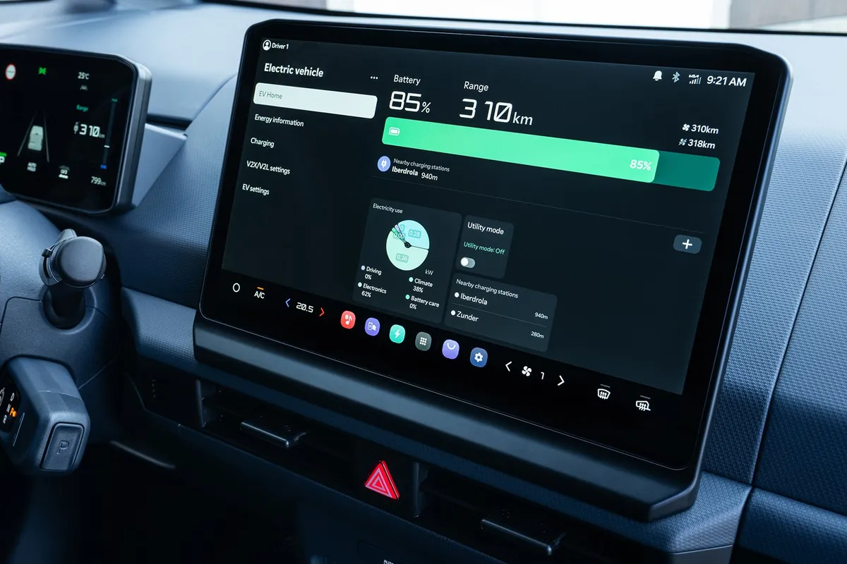 Mittelbildschirm des Kia PV5 mit einer Energieanzeige, Ladestand 85 Prozent und rund 310 Kilometer Reichweite.