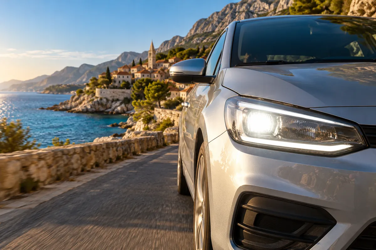 Nahaufnahme eines silbernen Autos auf einer Küstenstraße an der Adria: Der Scheinwerfer und das LED-Tagfahrlicht leuchten trotz tief stehender Sonne, dahinter türkisfarbenes Meer, eine Steinmauer und ein dalmatinisches Dorf mit roten Dächern und Kirchturm.