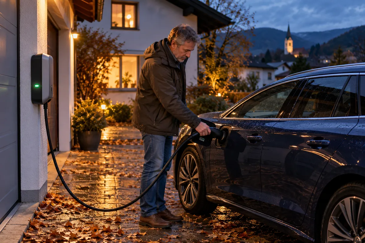 Ein grauhaariger Mann steckt am Abend vor einem Einfamilienhaus den Ladestecker einer Wallbox mit grüner Kontrollleuchte in die Ladebuchse am vorderen Kotflügel eines dunkelblauen Autos; nasse Pflastersteine mit Herbstlaub, beleuchtete Fenster und im Hintergrund ein Kirchturm.