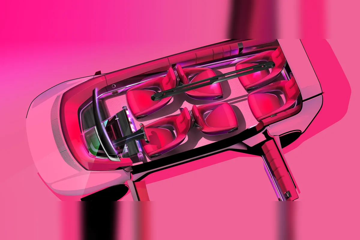 E-Space Concept von oben ohne Dach: die Sitze der zweiten Reihe sind nach hinten gedreht und bilden mit der dritten Reihe eine Sitzgruppe.