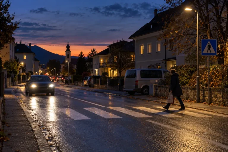 Zebrastreifen auf einer nassen Ortsstraße in der Abenddämmerung, eine Person im dunklen Wintermantel geht über den Schutzweg, von links nähert sich ein dunkles Auto mit Scheinwerfern.