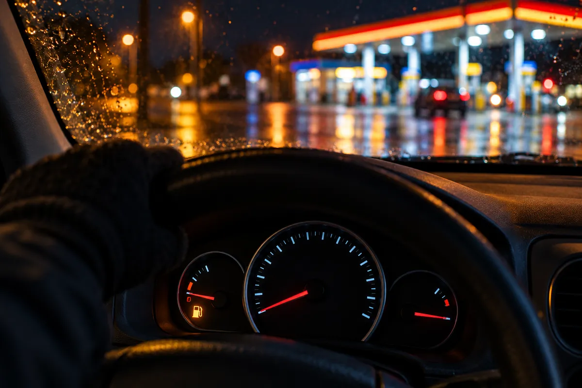 Blick vom Fahrersitz bei Nacht und Regen: Eine Hand im Handschuh am Lenkrad, im Kombiinstrument steht die Nadel der Tankanzeige knapp über leer und die gelbe Reserveleuchte brennt; hinter der nassen Windschutzscheibe leuchtet unscharf eine Tankstelle.