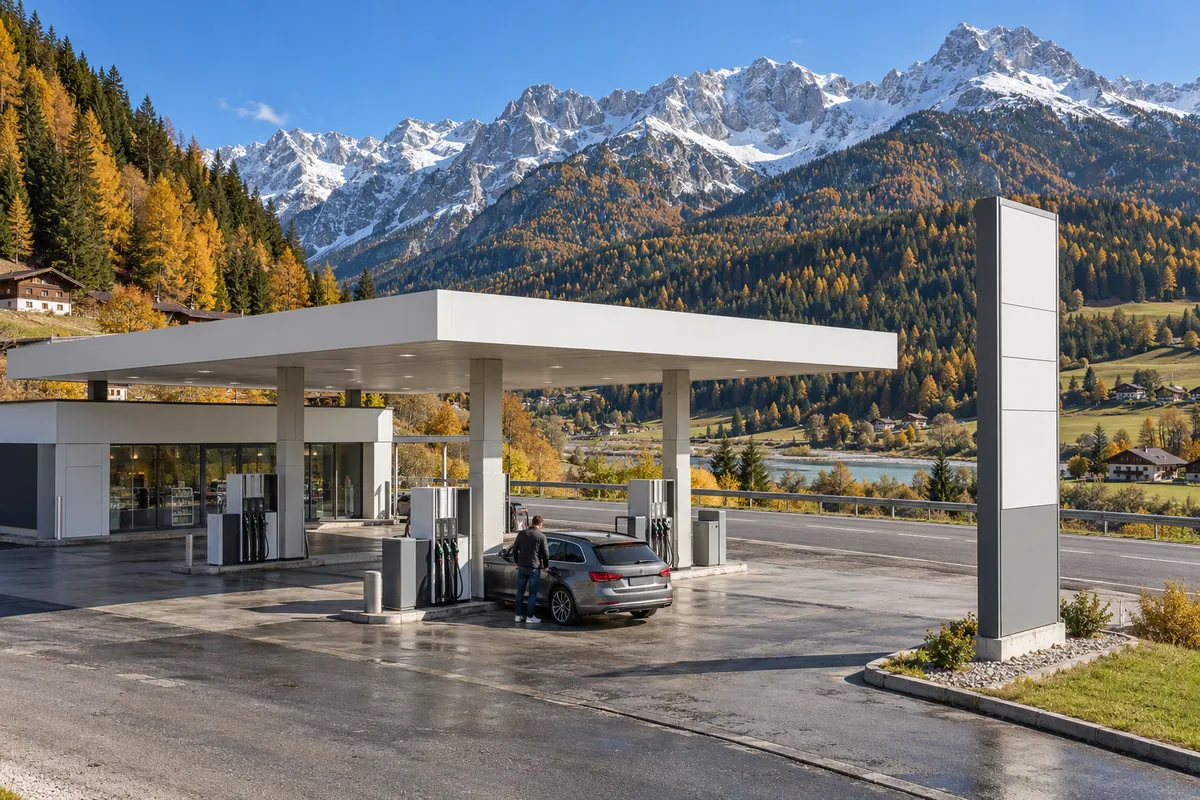 Moderne Tankstelle mit weißem Flachdach im Inntal, ein Mann tankt einen grauen Kombi, dahinter Lärchen in Herbstfarben und verschneite Felsgipfel unter blauem Himmel.