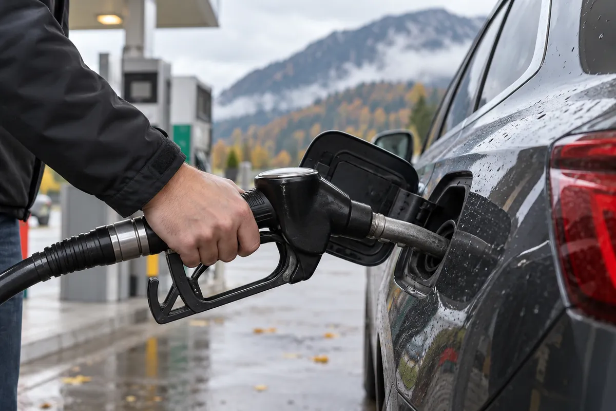 Nahaufnahme: Eine Hand hält eine schwarze Zapfpistole im Tankstutzen eines dunklen, nassen Autos, im unscharfen Hintergrund Zapfsäulen und ein Berghang im Nebel.